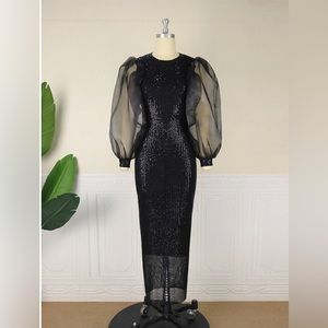 Elegant Black Sequin Dress with Sheer Sleeves